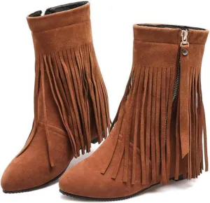 Women's Suede Fringe Hidden Wedge Mid-calf Boots Classic Tassels Side Zipper Western Ankle Boots Comfortable Non-slip Wide-Calf Flat Winter Boots