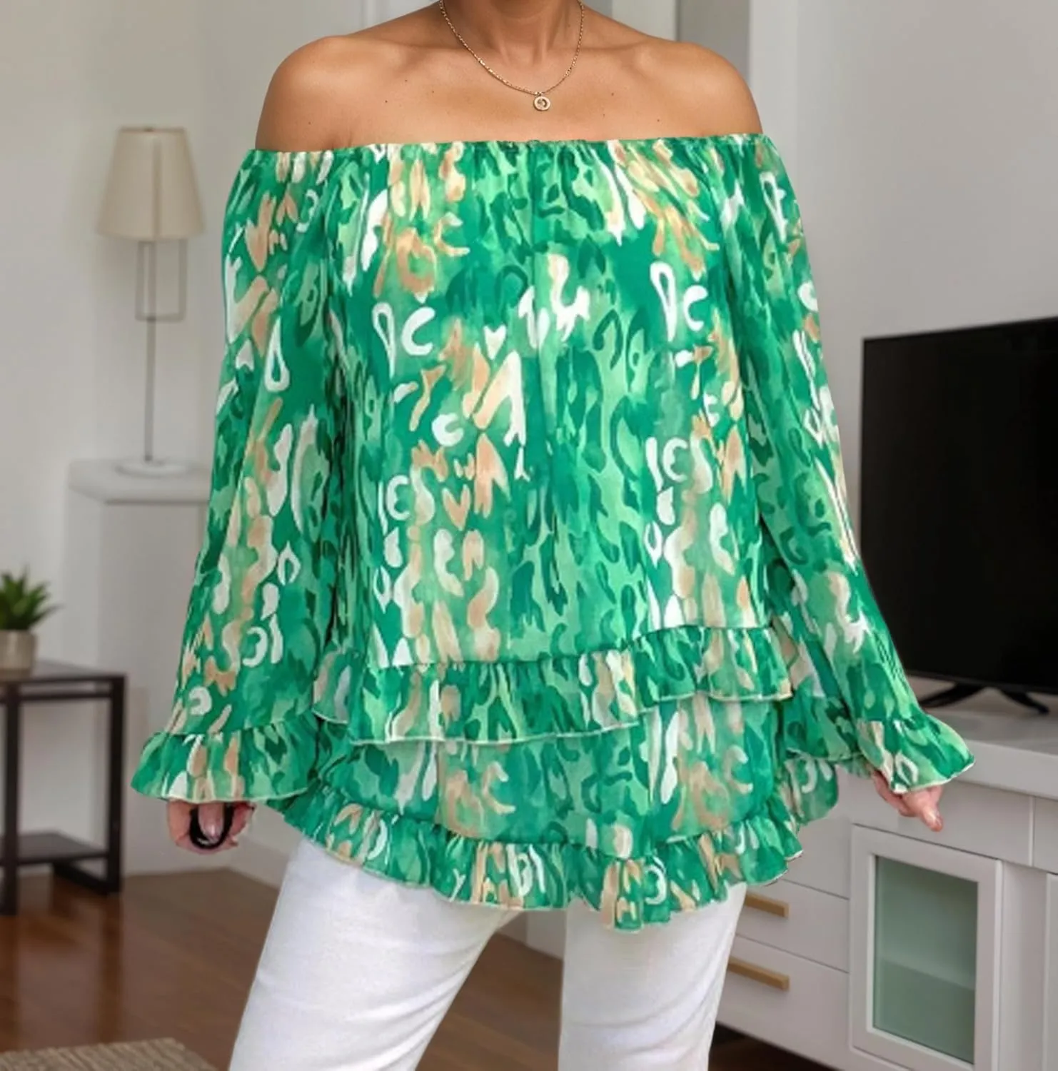 Women's Summer Off Shoulder Tops Ruffled Long Sleeve Boho Floral Print Blouse Shirts Blouses