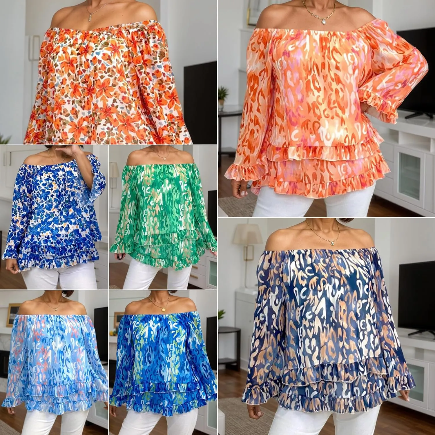 Women's Summer Off Shoulder Tops Ruffled Long Sleeve Boho Floral Print Blouse Shirts Blouses