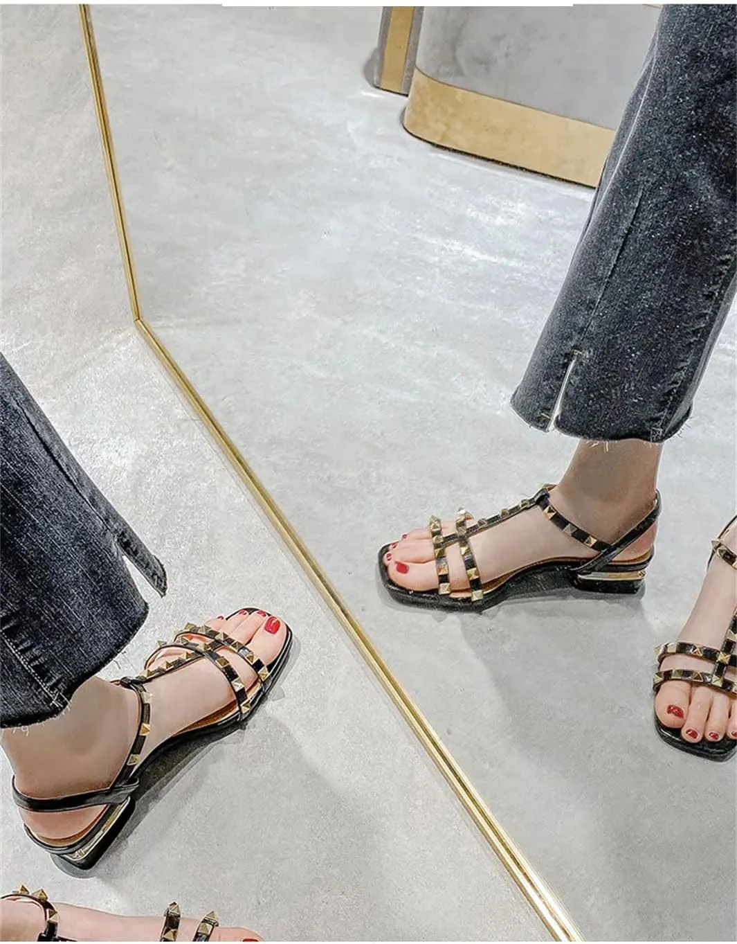 Women's Thin Ribbon Sandals, Rivet Design Low Heel Casual Slippers