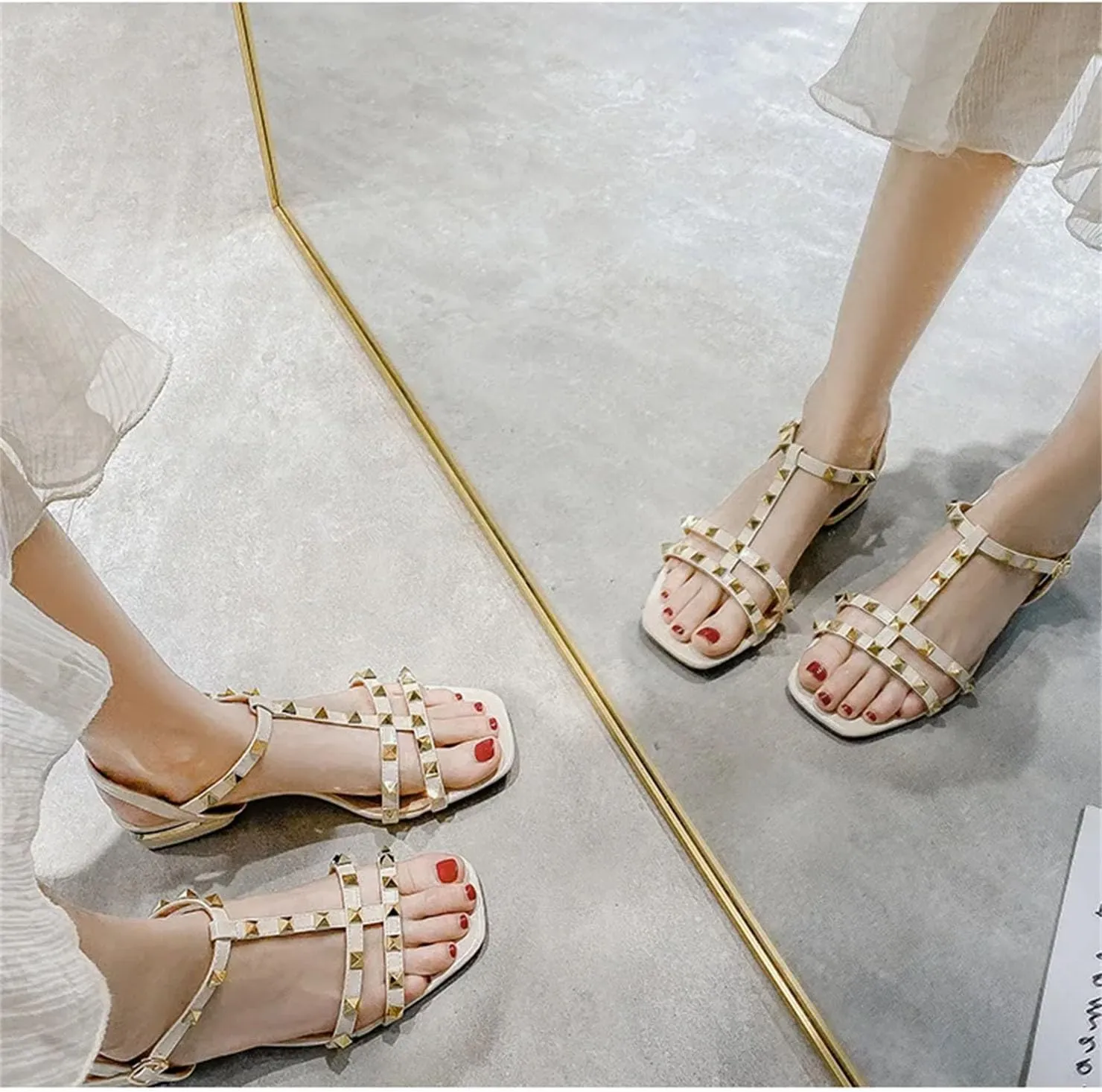 Women's Thin Ribbon Sandals, Rivet Design Low Heel Casual Slippers