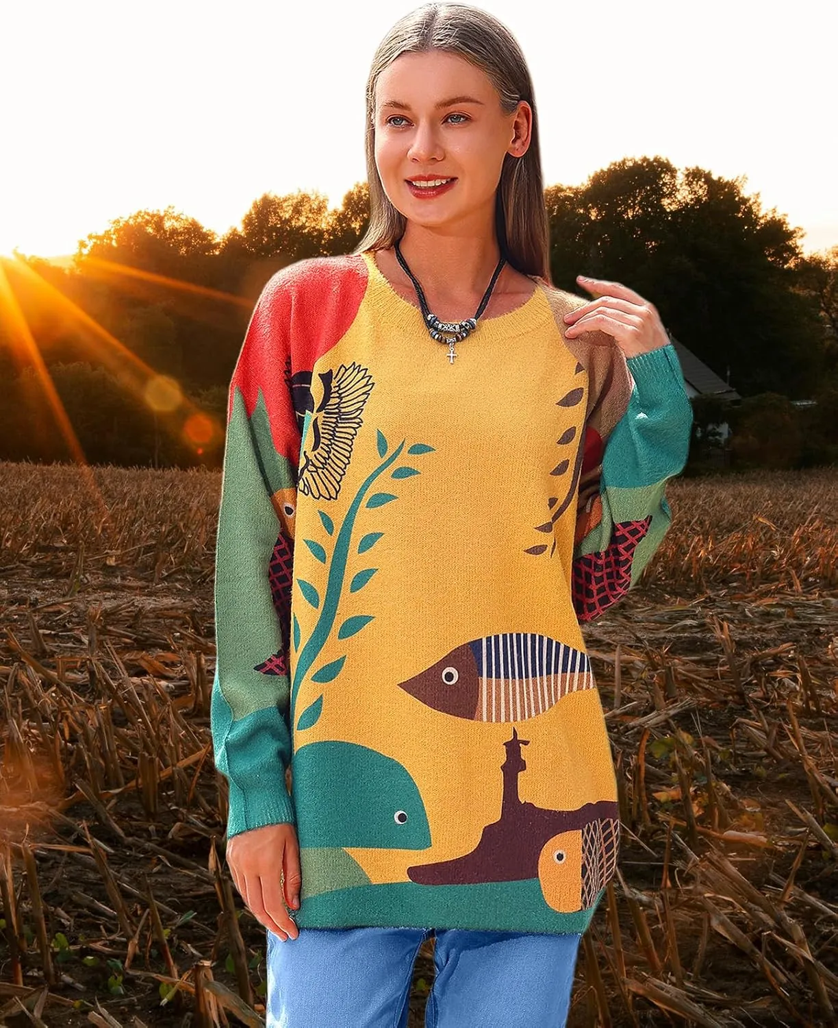 Womens Ugly Christmas Sweaters Casual Loose Oversized Pullover Sweaters Graphic Printed Knit Trendy Tops