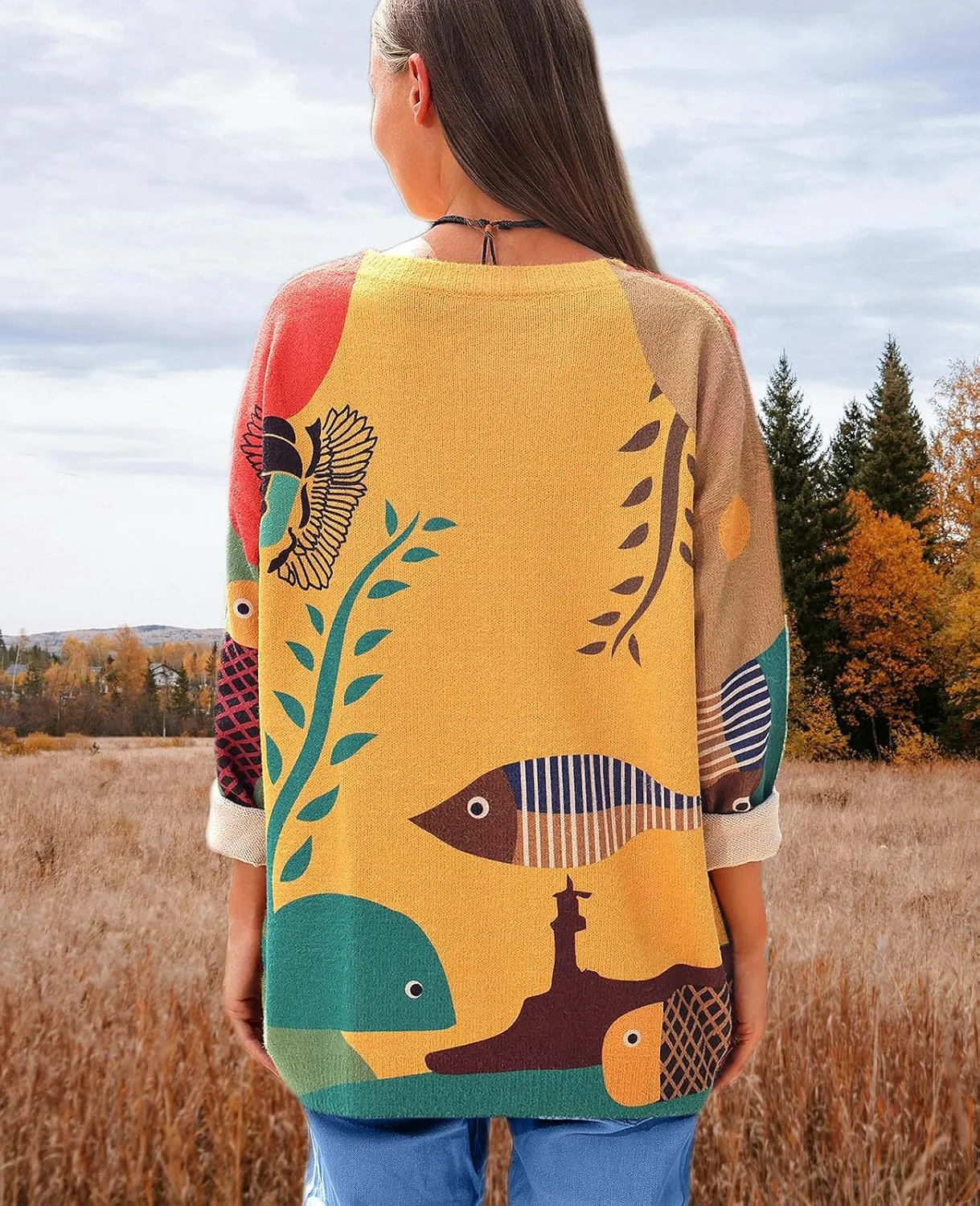 Womens Ugly Christmas Sweaters Casual Loose Oversized Pullover Sweaters Graphic Printed Knit Trendy Tops