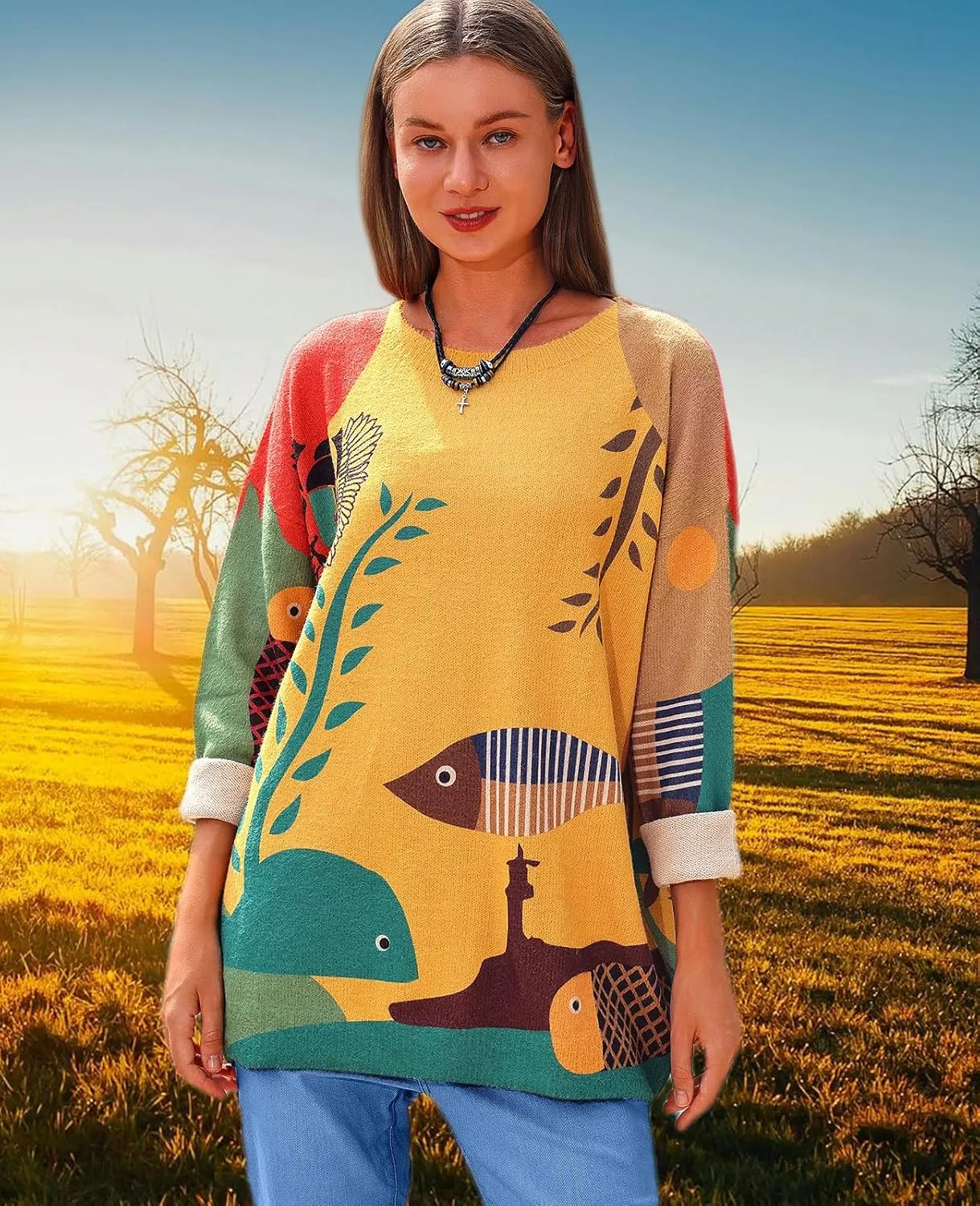 Womens Ugly Christmas Sweaters Casual Loose Oversized Pullover Sweaters Graphic Printed Knit Trendy Tops
