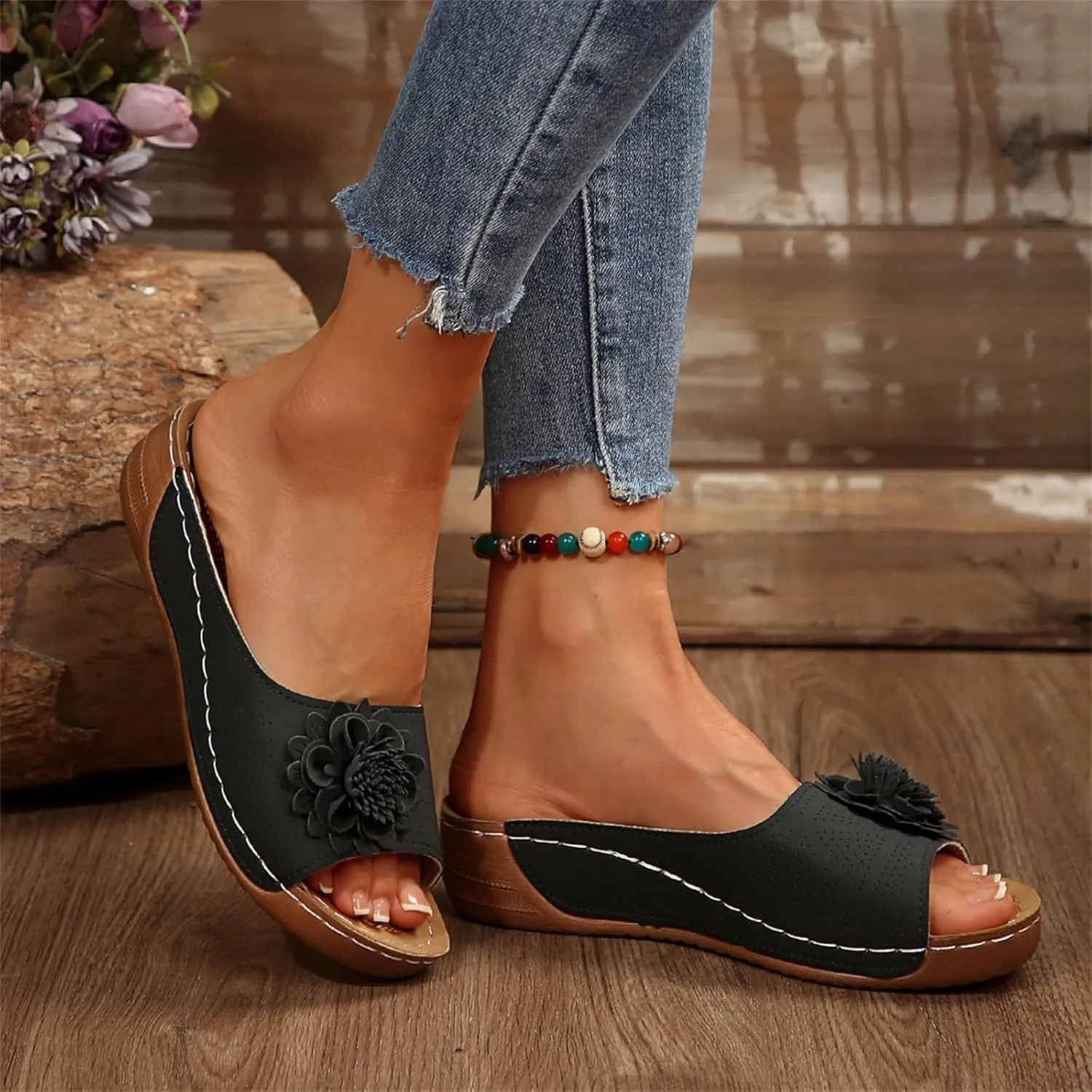 Womens Wedge Sandals 2025 Flower Boho Non-Slip Open Toe Slides Comfortable Breathable Platform Sandal Slippers Beach Sandals