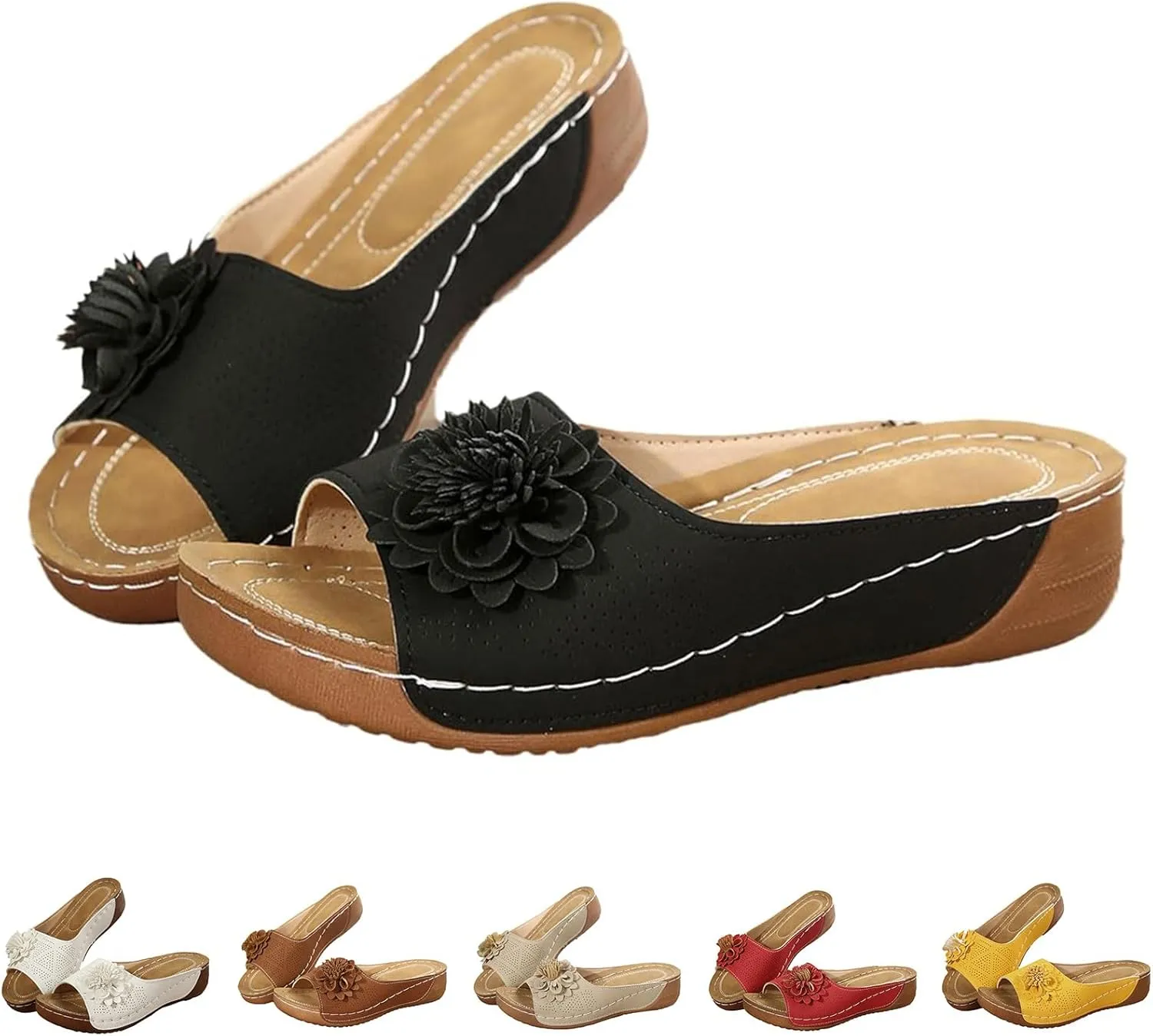 Womens Wedge Sandals 2025 Flower Boho Non-Slip Open Toe Slides Comfortable Breathable Platform Sandal Slippers Beach Sandals