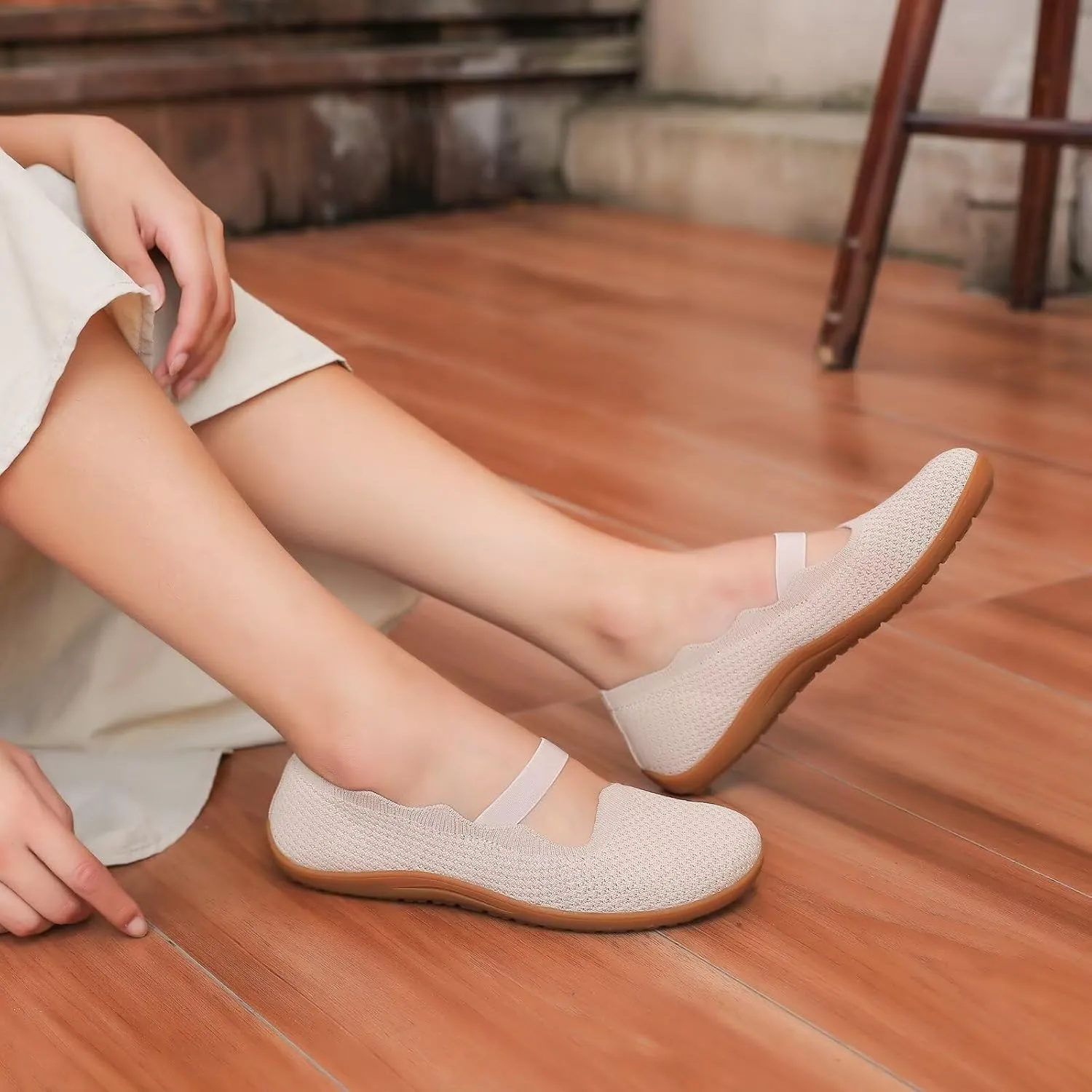 Women's Wide Toe Box Flats Knit Mary Jane Ballet Flats Wide Width Walking Dressy Shoes with Arch Support Comfortable