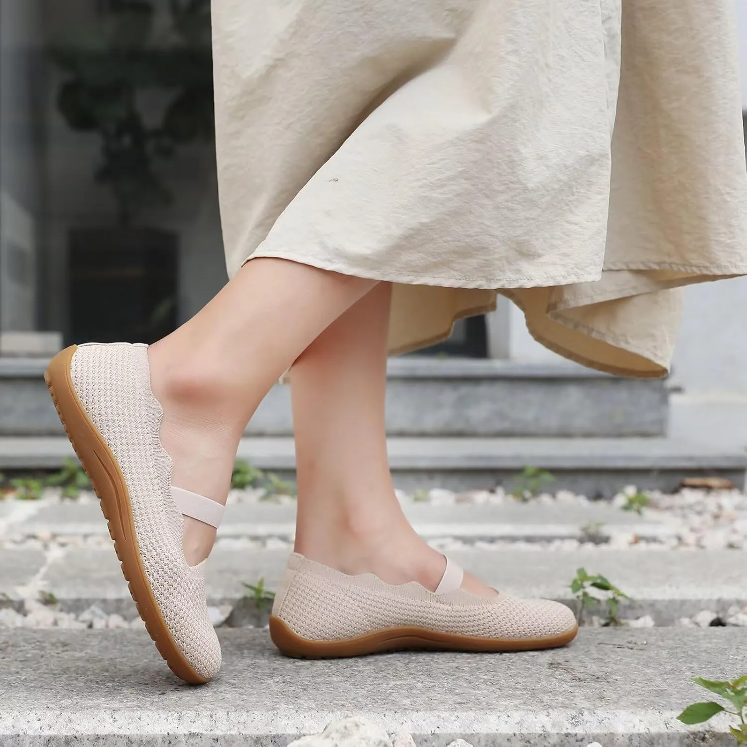 Women's Wide Toe Box Flats Knit Mary Jane Ballet Flats Wide Width Walking Dressy Shoes with Arch Support Comfortable