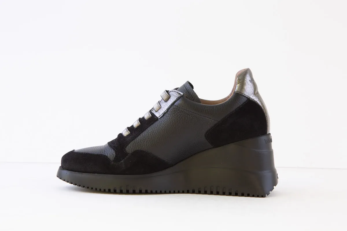 WONDERS - G-6610 MEDIUM WEDGE MOC-LACE SHOE - BLACK/PEWTER