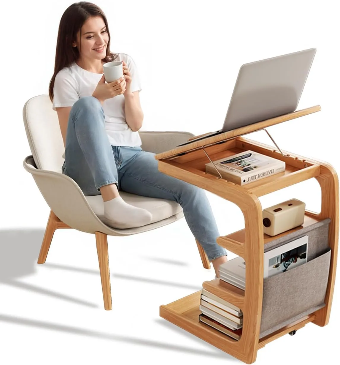 Wooden C-Shaped End Table,Couch Desk with 2 Lockable Wheels,4-Tier Couch Table with Storage Bag,Small Rolling Side Table Tv Trays for Couch, Living Room,Bedroom (Natural)