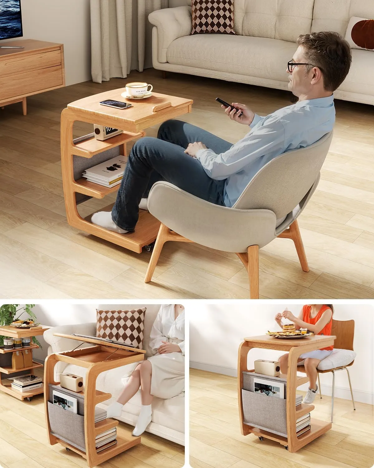 Wooden C-Shaped End Table,Couch Desk with 2 Lockable Wheels,4-Tier Couch Table with Storage Bag,Small Rolling Side Table Tv Trays for Couch, Living Room,Bedroom (Natural)