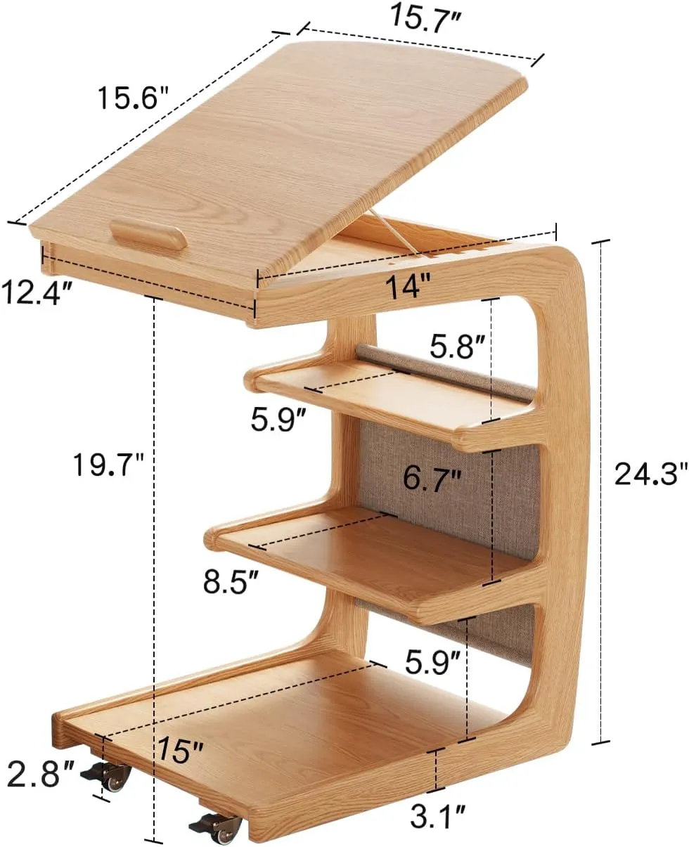 Wooden C-Shaped End Table,Couch Desk with 2 Lockable Wheels,4-Tier Couch Table with Storage Bag,Small Rolling Side Table Tv Trays for Couch, Living Room,Bedroom (Natural)