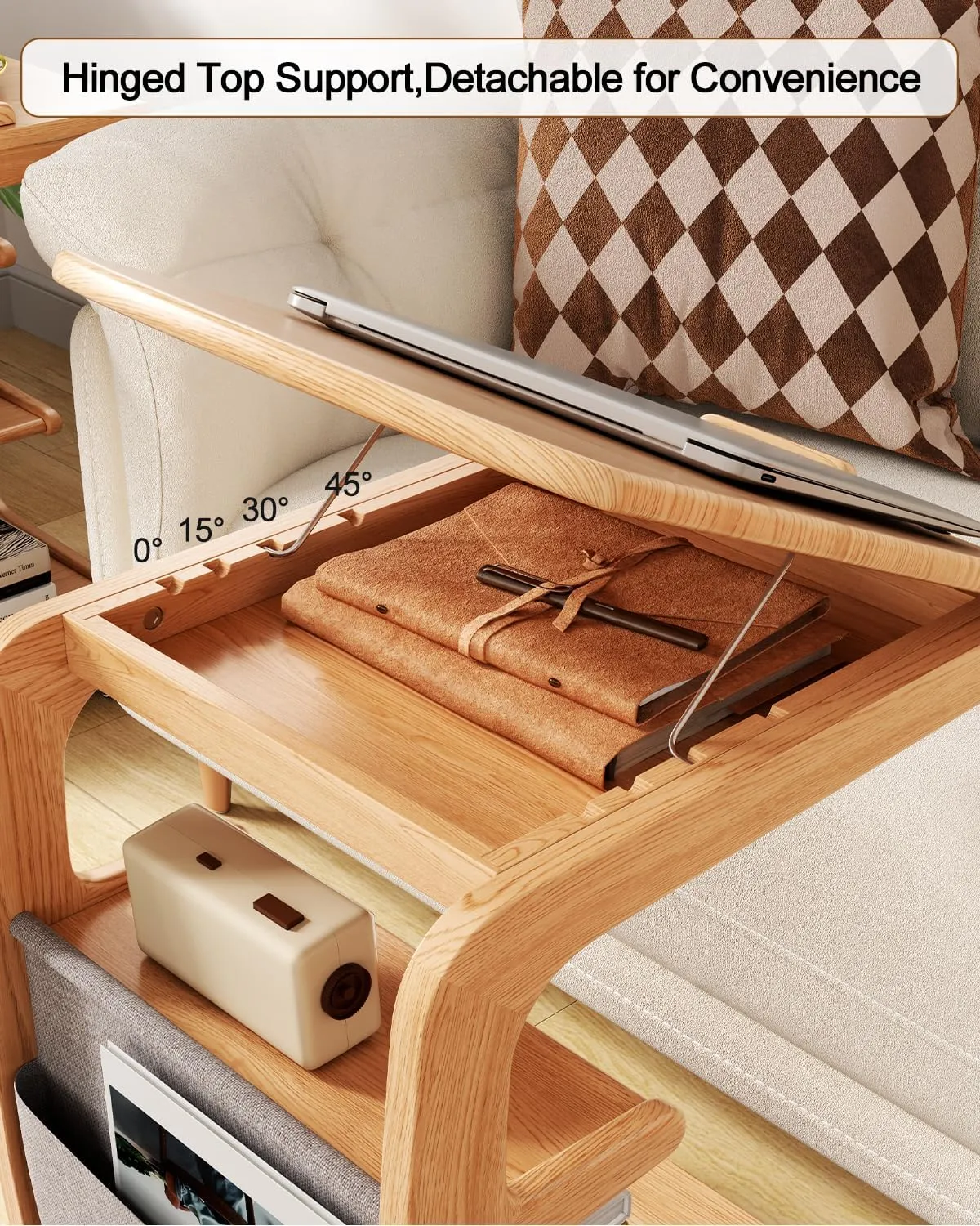 Wooden C-Shaped End Table,Couch Desk with 2 Lockable Wheels,4-Tier Couch Table with Storage Bag,Small Rolling Side Table Tv Trays for Couch, Living Room,Bedroom (Natural)