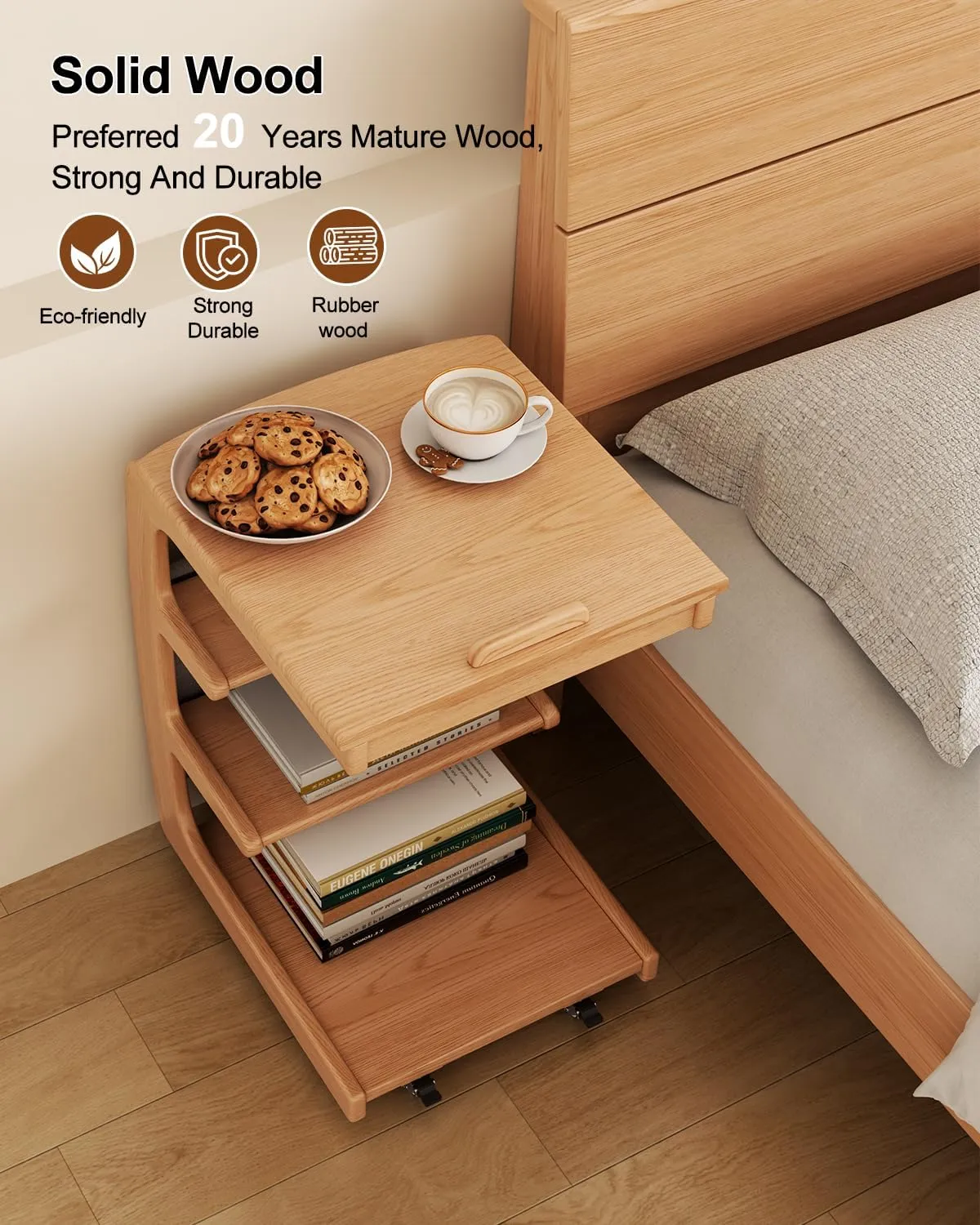 Wooden C-Shaped End Table,Couch Desk with 2 Lockable Wheels,4-Tier Couch Table with Storage Bag,Small Rolling Side Table Tv Trays for Couch, Living Room,Bedroom (Natural)