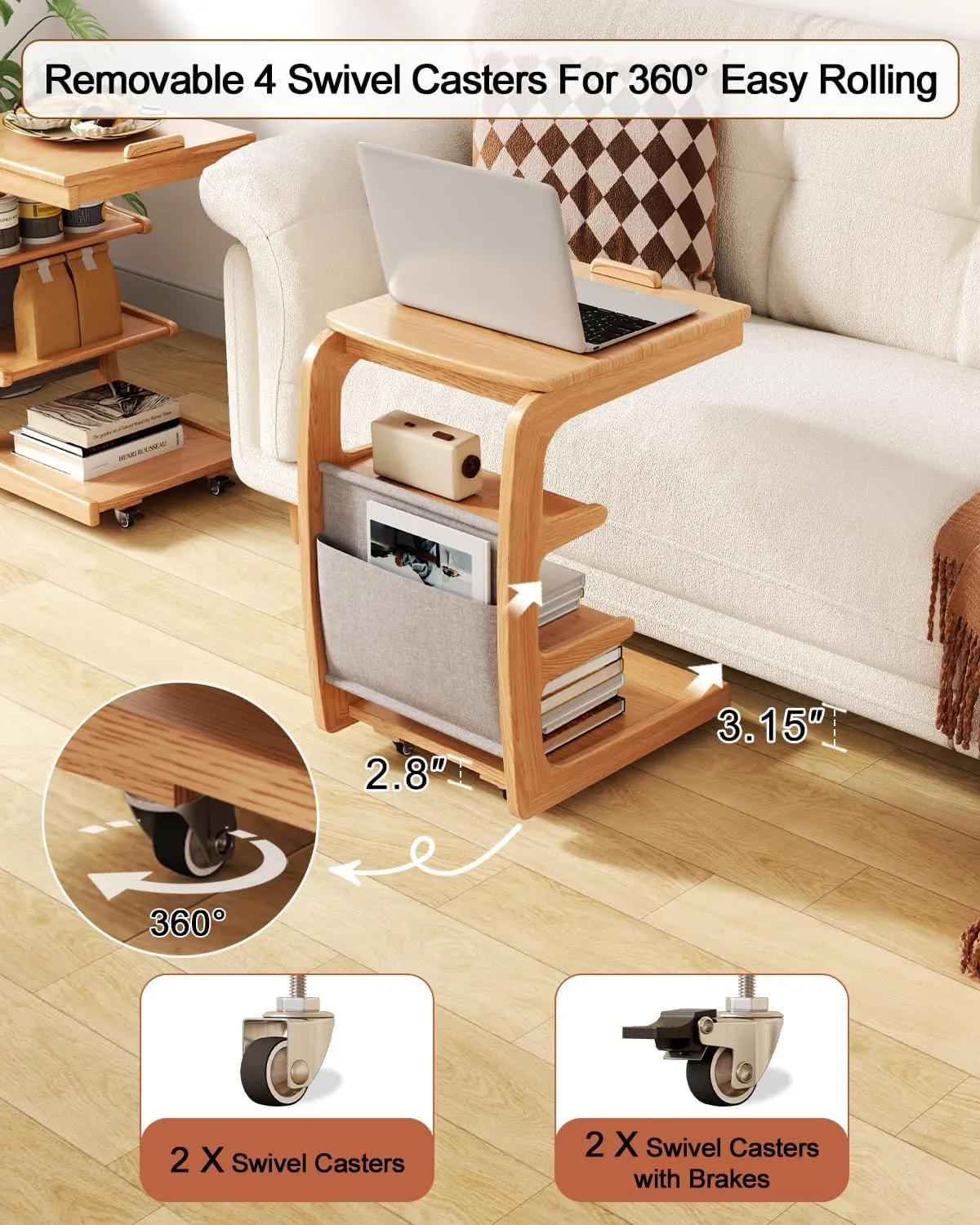 Wooden C-Shaped End Table,Couch Desk with 2 Lockable Wheels,4-Tier Couch Table with Storage Bag,Small Rolling Side Table Tv Trays for Couch, Living Room,Bedroom (Natural)