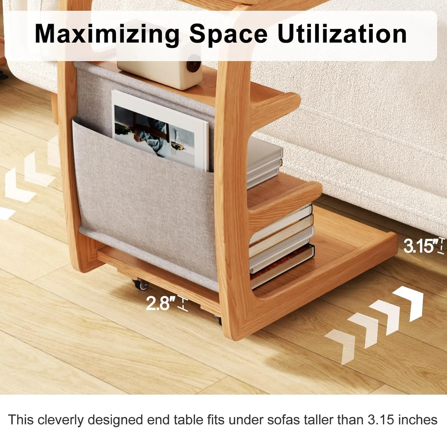 Wooden C-Shaped End Table,Couch Desk with 2 Lockable Wheels,4-Tier Couch Table with Storage Bag,Small Rolling Side Table Tv Trays for Couch, Living Room,Bedroom (Natural)
