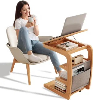 Wooden C-Shaped End Table,Couch Desk with 2 Lockable Wheels,4-Tier Couch Table with Storage Bag,Small Rolling Side Table Tv Trays for Couch, Living Room,Bedroom (Natural)