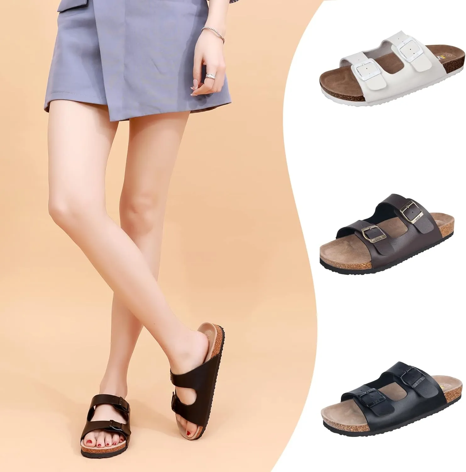 WTW Women's Comfortable Cork Footbed Sandals Memory Foam Summer Slide Sandals for Women Casual Beach Vacation Outdoor Walking