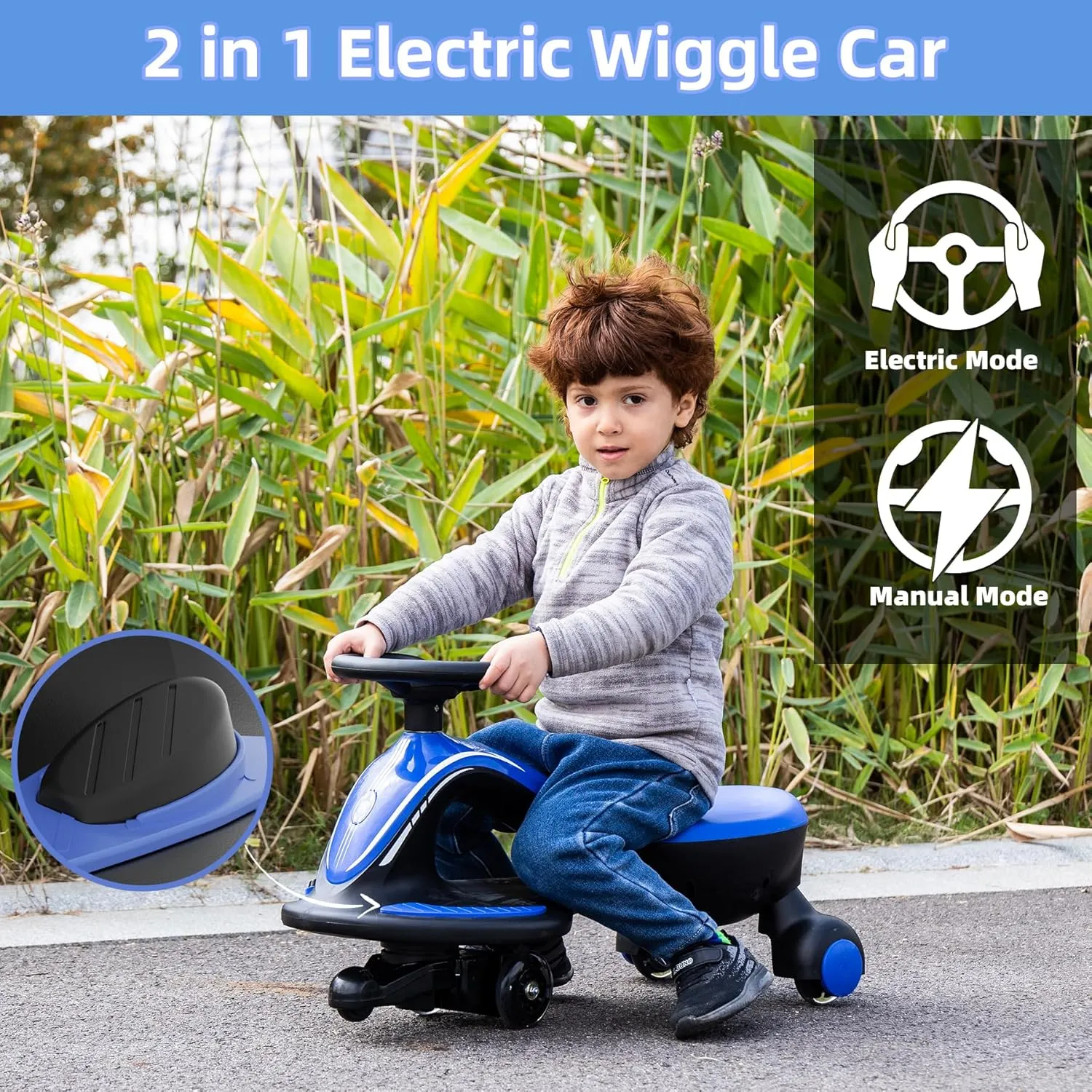 XJD Electric Wiggle Car Ride On Toy, 2 in 1 Wiggle Car Rechargeable Battery with Anti-Rollover Colorful Light-Emitting Wheel for Toddler Ride On Toys 3 Years and Up (Blue)