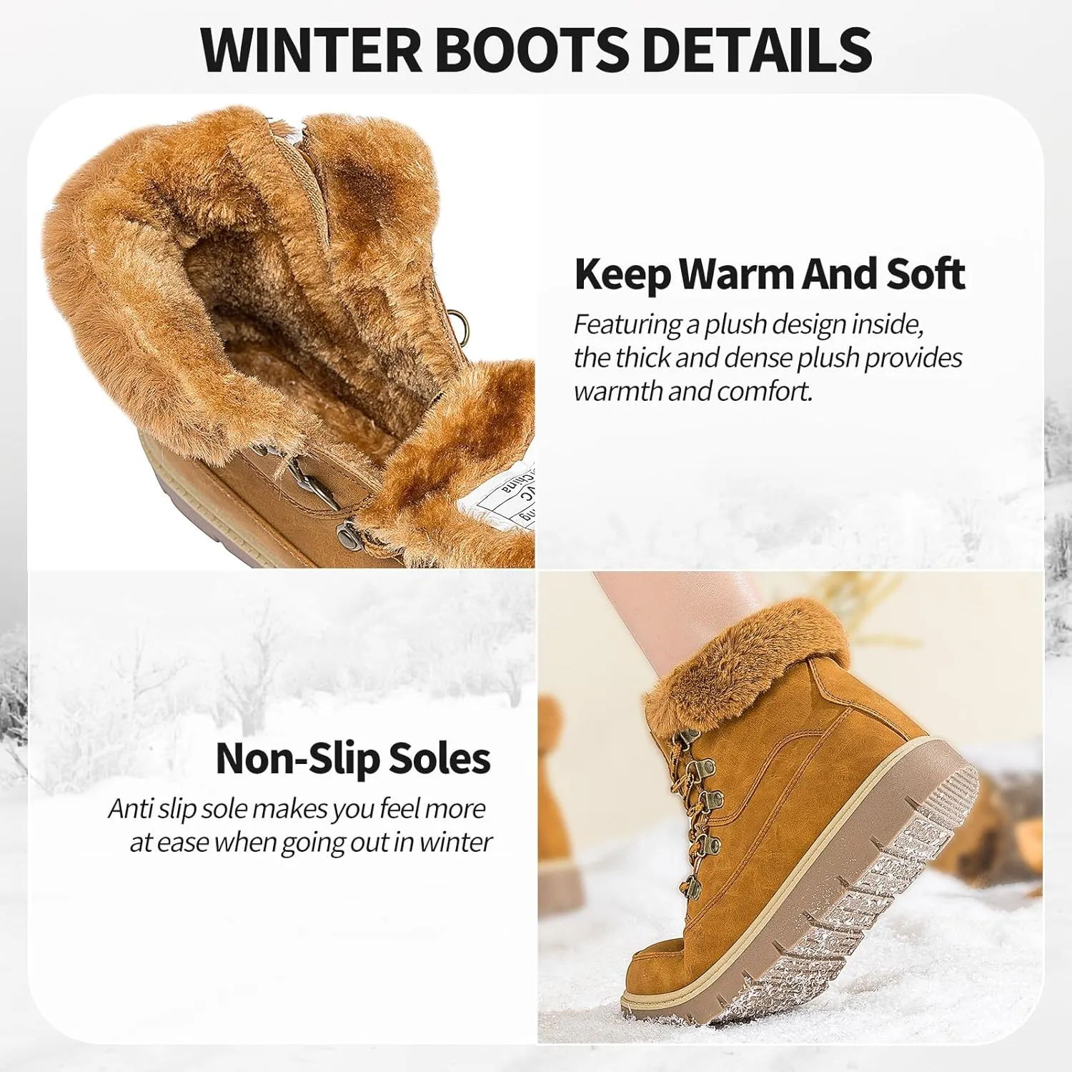 XRH Women’s Winter Warm Boots Black Snow Combat Boots With Zipper,Comfortable Fur Lined Women Ankle Boots Non Slip Hiking Boots For Women