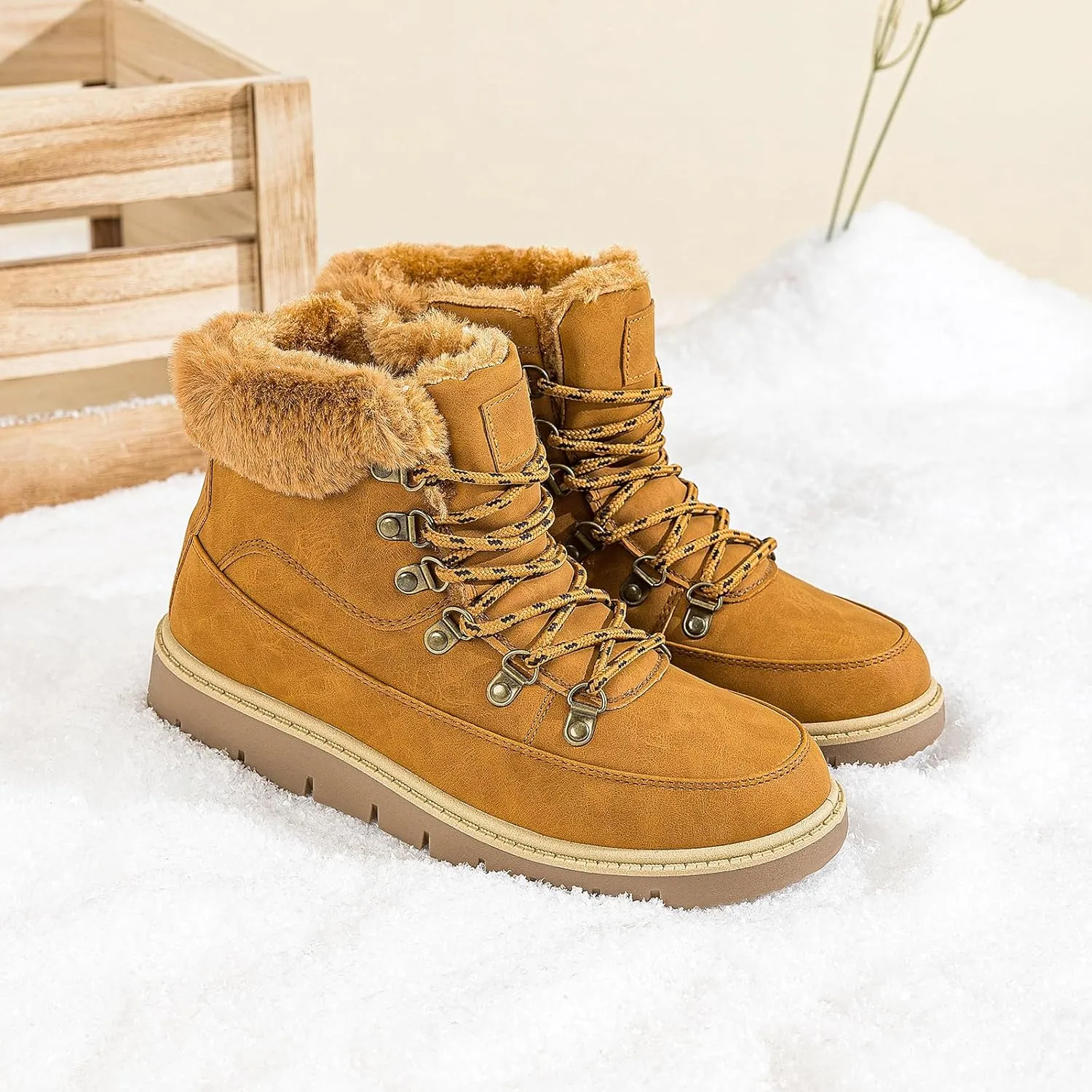 XRH Women’s Winter Warm Boots Black Snow Combat Boots With Zipper,Comfortable Fur Lined Women Ankle Boots Non Slip Hiking Boots For Women