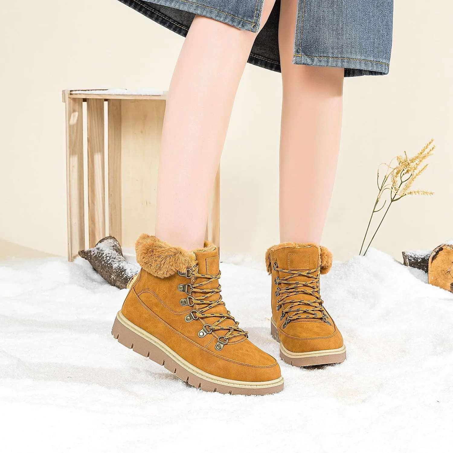 XRH Women’s Winter Warm Boots Black Snow Combat Boots With Zipper,Comfortable Fur Lined Women Ankle Boots Non Slip Hiking Boots For Women