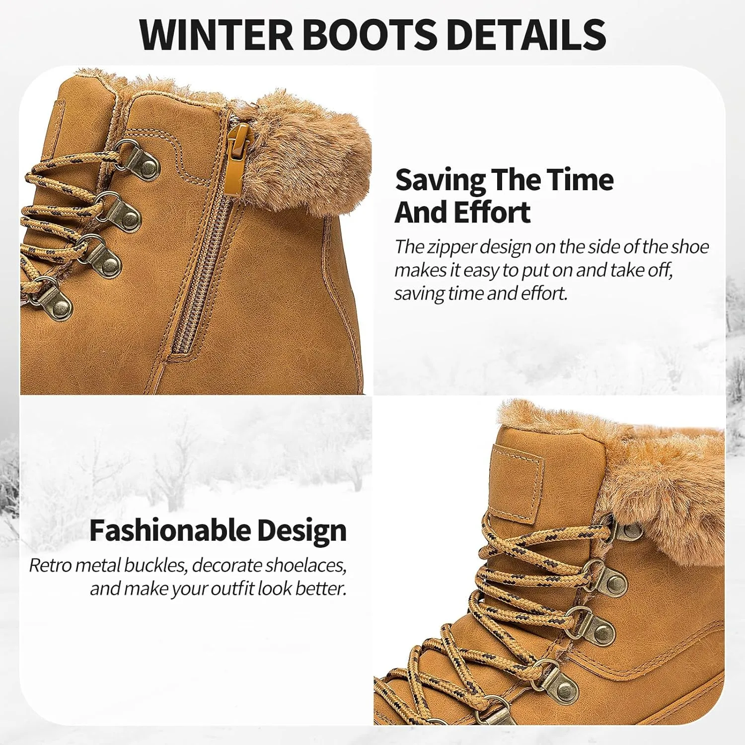 XRH Women’s Winter Warm Boots Black Snow Combat Boots With Zipper,Comfortable Fur Lined Women Ankle Boots Non Slip Hiking Boots For Women