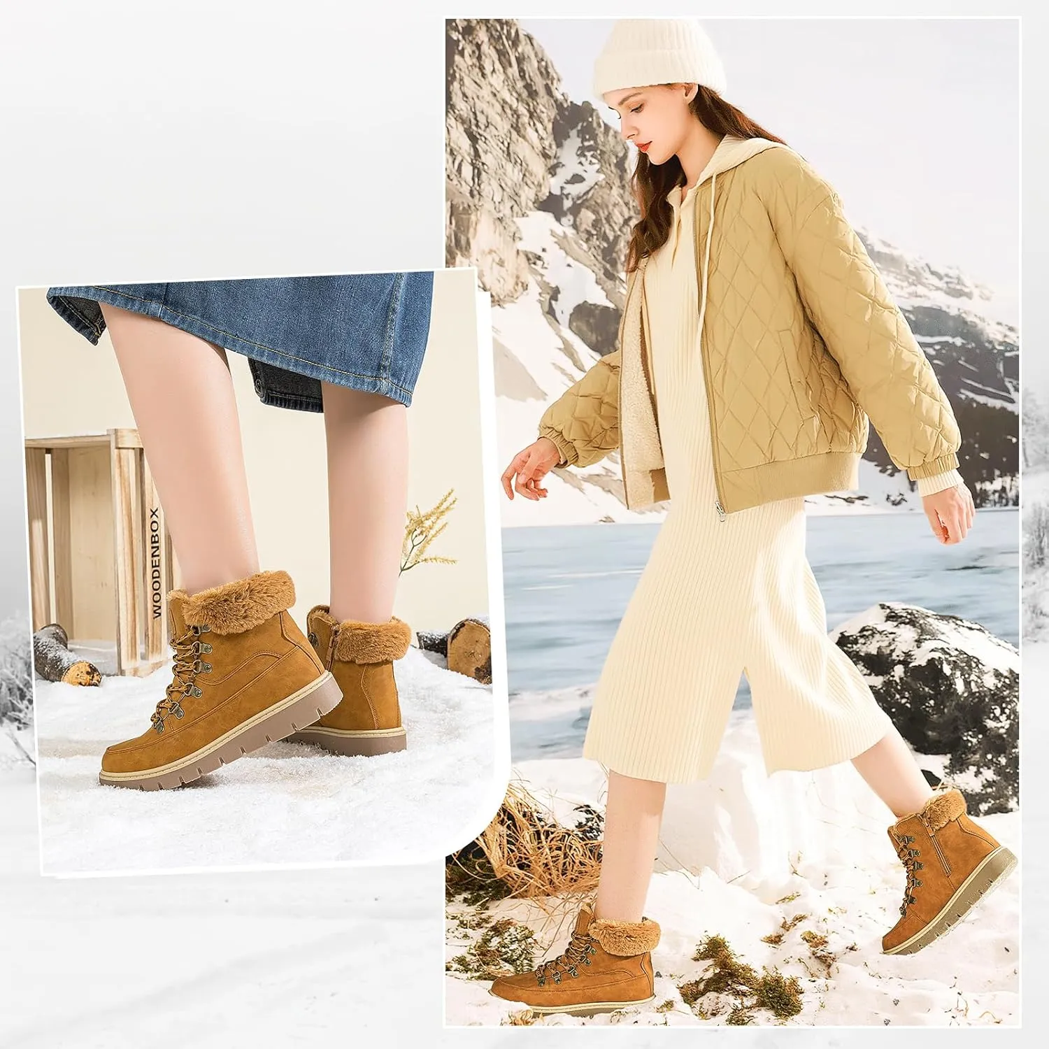 XRH Women’s Winter Warm Boots Black Snow Combat Boots With Zipper,Comfortable Fur Lined Women Ankle Boots Non Slip Hiking Boots For Women