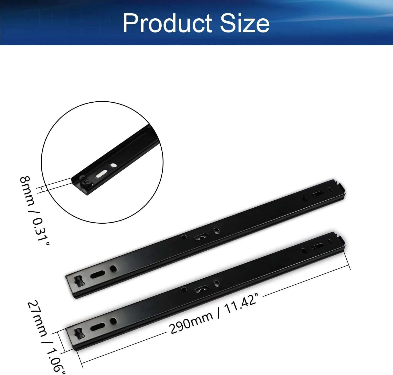 Yinpecly Metal Ball Bearing Side Mount Drawer Slides 11" Length Cold Rolled Steel for Furniture Drawers 2 Fold Drawer Ball Bearing Slide Track Rail 55 LB Bearing Capacity Side Mount Black 1Pair