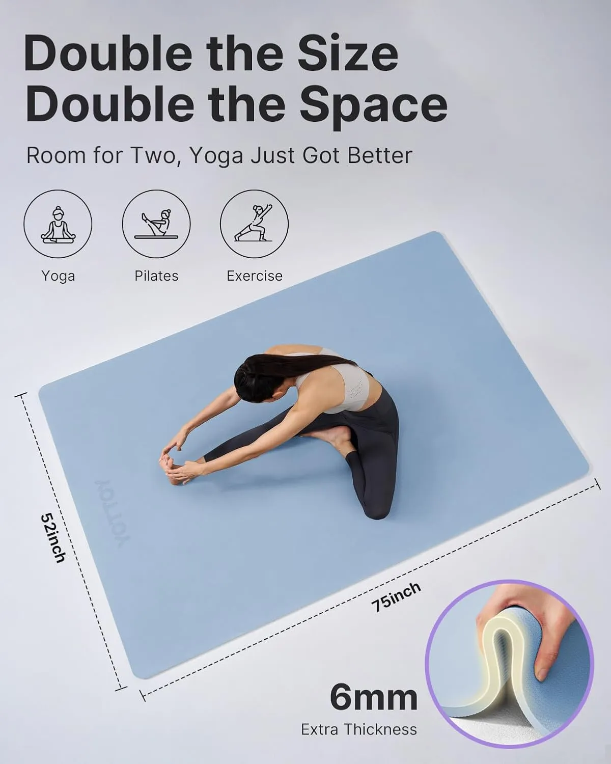 YOTTOY Large Yoga Mat (75 * 52 * 1/2inch),Extra Wide TPE Exercise Mat,Non-Slip Workout Mat for Pilates, Fitness, Barefoot, Home Gym Studio with Strap and Towel
