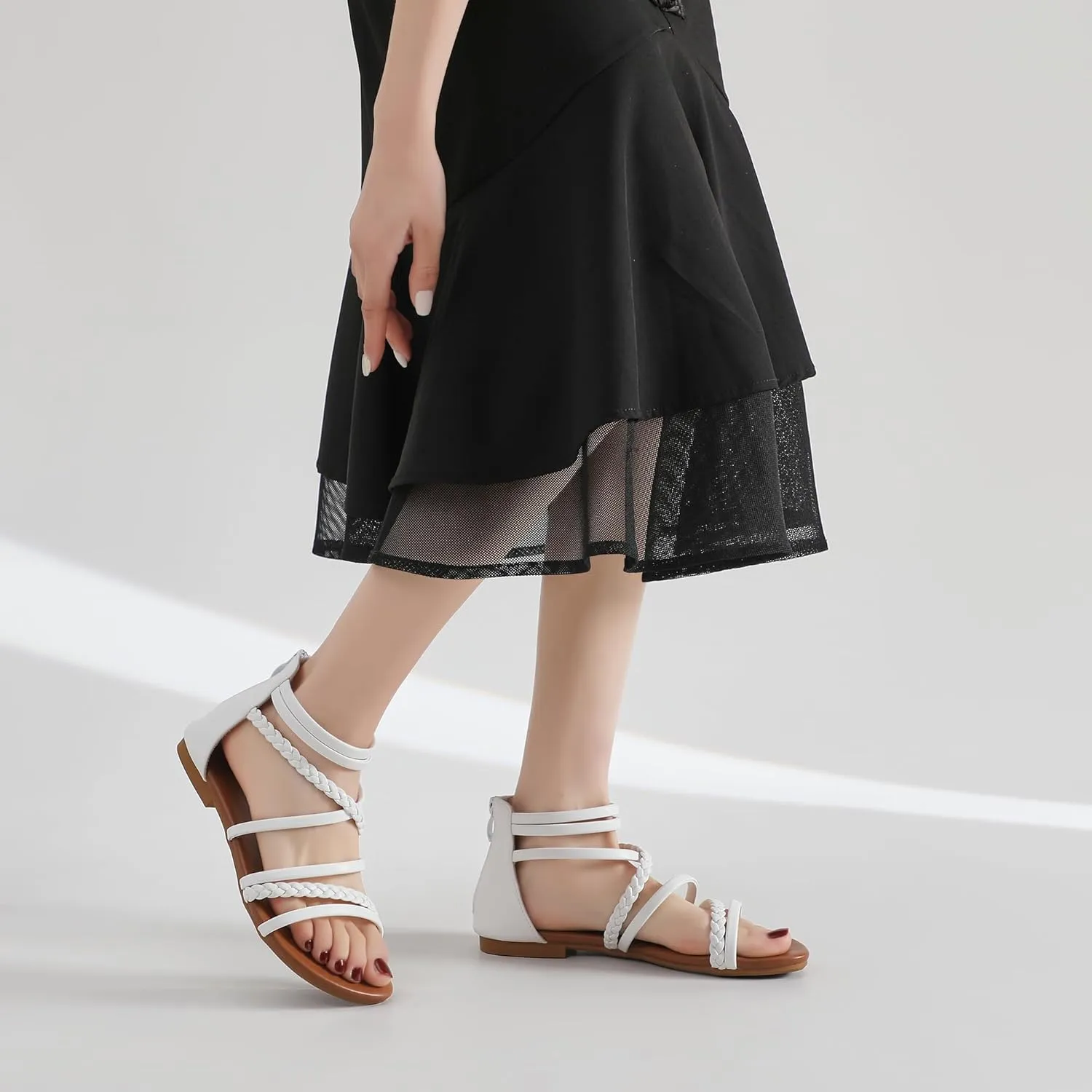 youngshow Braided Strappy Sandals for Women Open Toe Dressy Summer Flat Sandals with Zip Closure