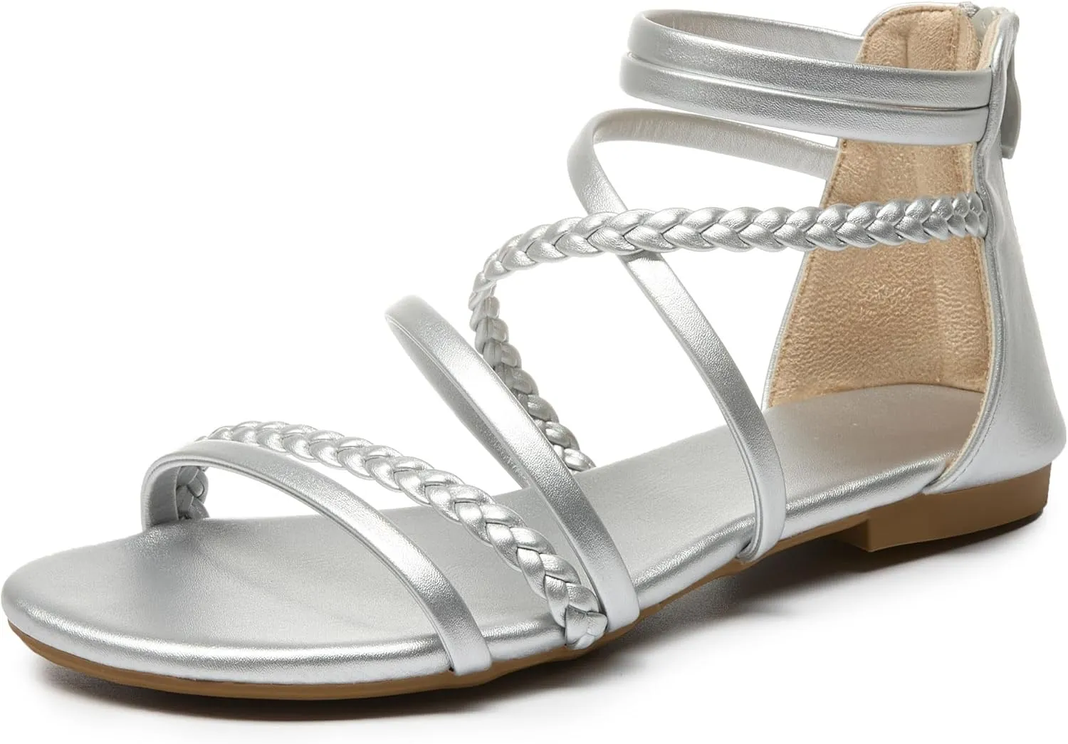 youngshow Braided Strappy Sandals for Women Open Toe Dressy Summer Flat Sandals with Zip Closure