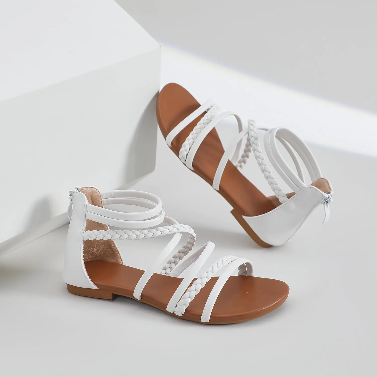 youngshow Braided Strappy Sandals for Women Open Toe Dressy Summer Flat Sandals with Zip Closure
