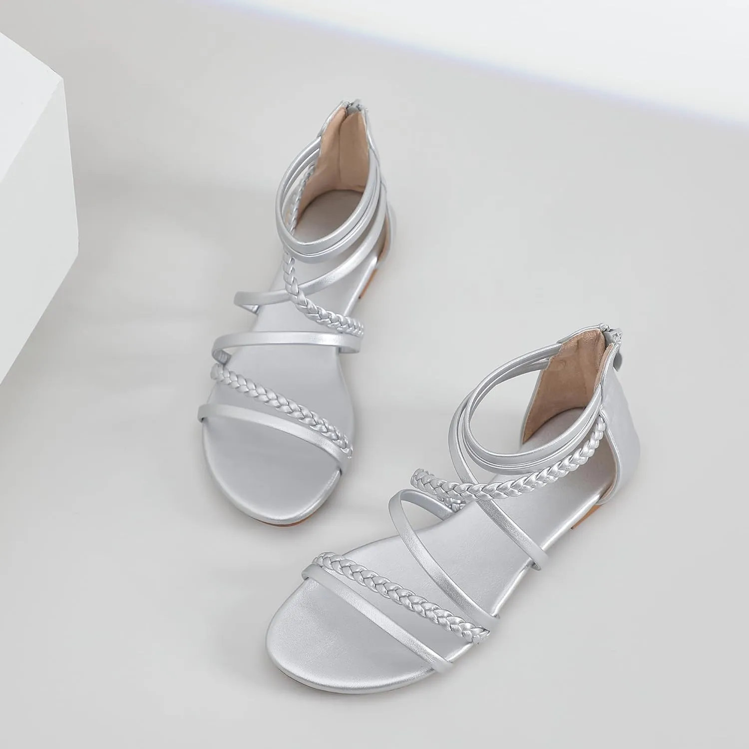 youngshow Braided Strappy Sandals for Women Open Toe Dressy Summer Flat Sandals with Zip Closure