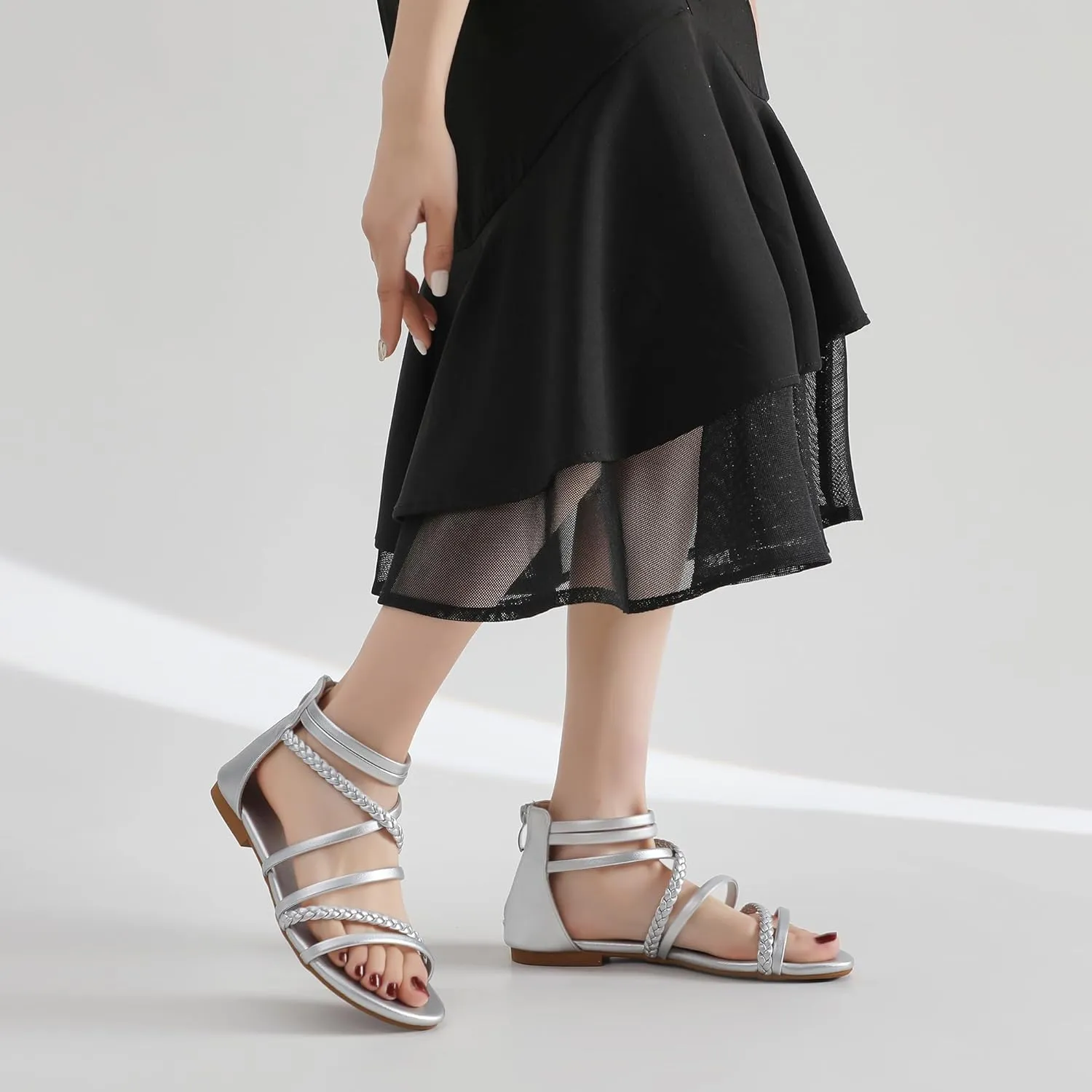 youngshow Braided Strappy Sandals for Women Open Toe Dressy Summer Flat Sandals with Zip Closure