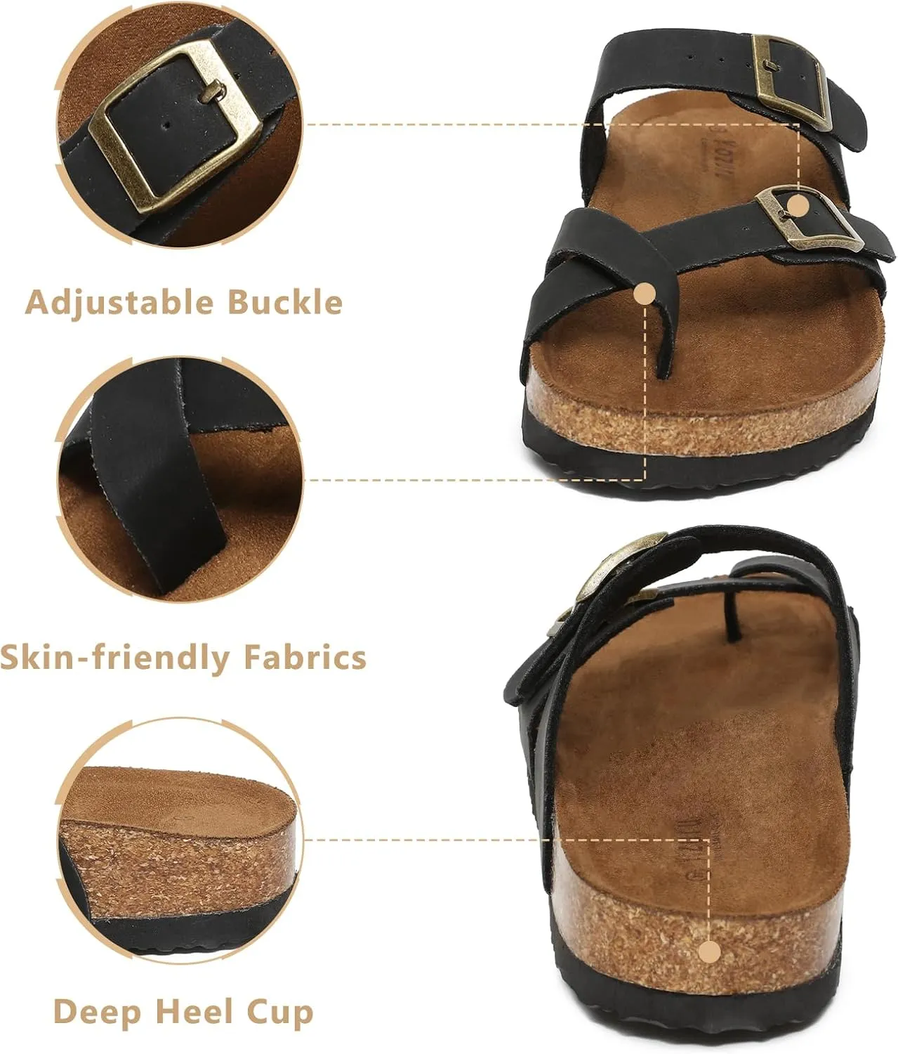 Yozuru Womens Cork Footbed Sandals Comfort Open Toe Slides Adjustable Buckle Beach Summer Flat Sandals with Arch Support