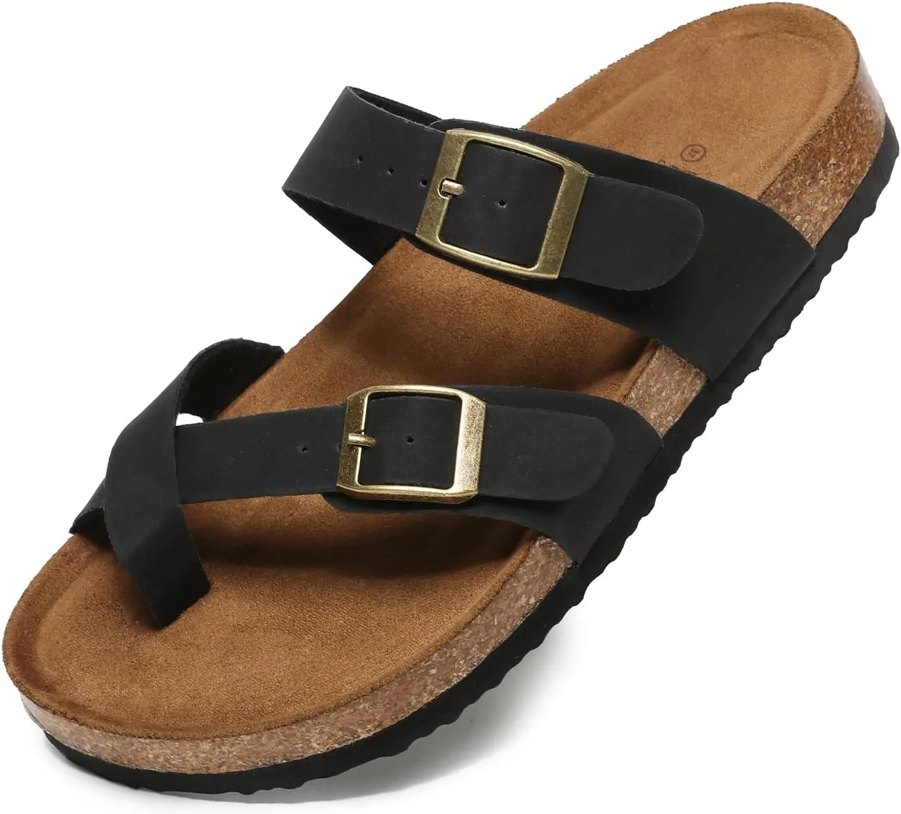 Yozuru Womens Cork Footbed Sandals Comfort Open Toe Slides Adjustable Buckle Beach Summer Flat Sandals with Arch Support