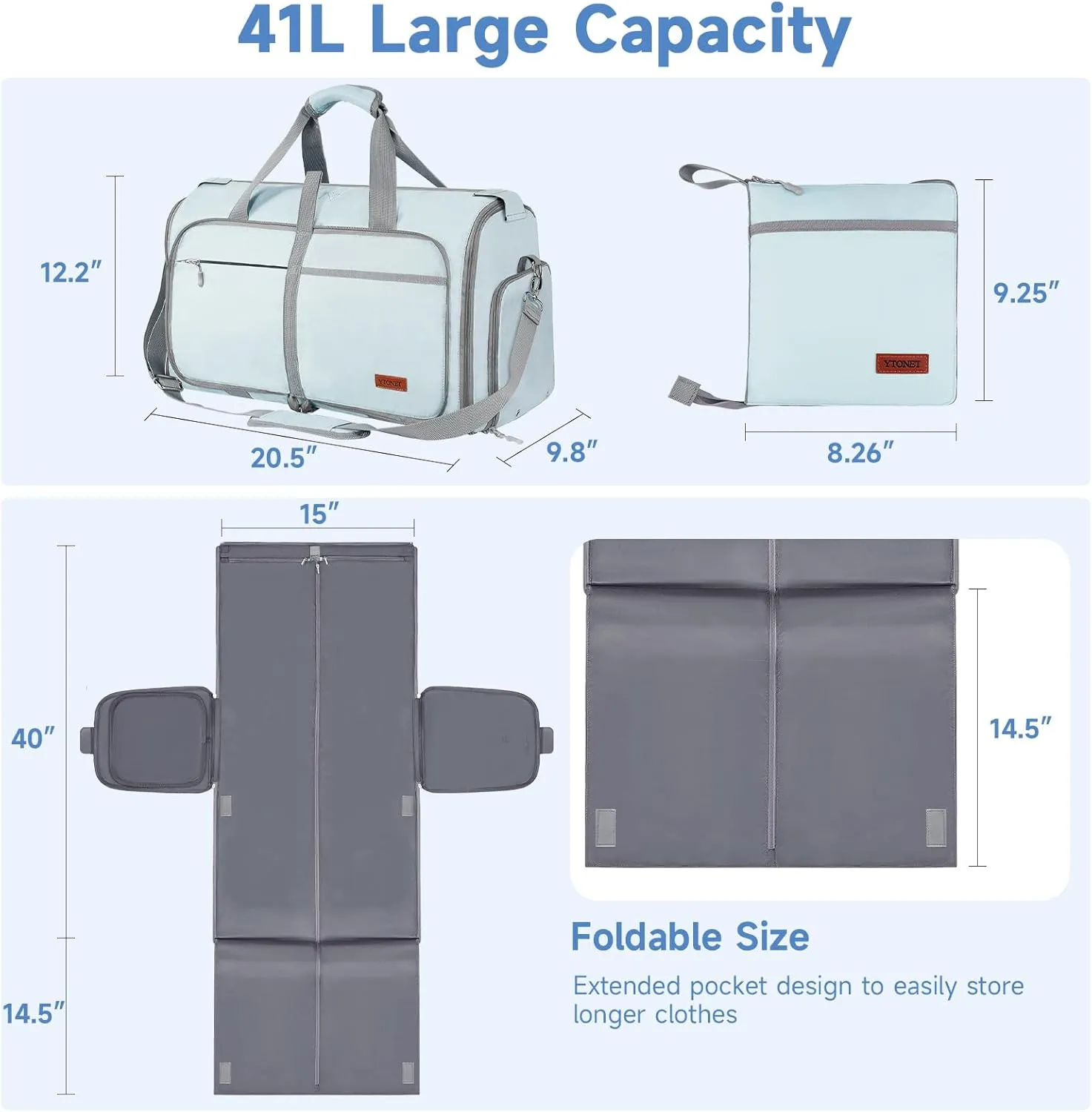 ‌Ytonet Foldable Garment Duffle Bags for Travel, Carry On Convertible Duffel Bag with Shoe Compartment & Water Resistant Fabric, 2-in-1 Hanging Suit Organizer, Mint Green