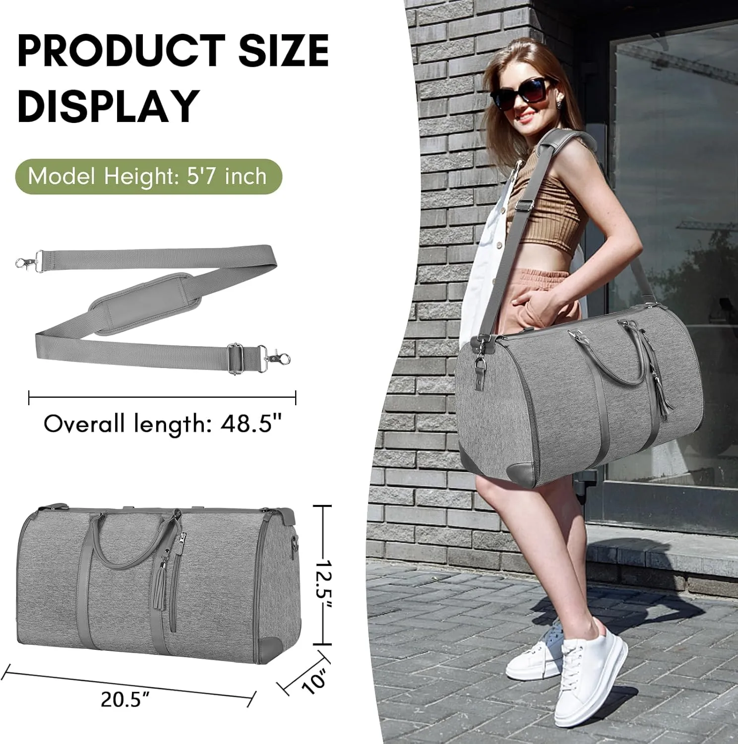 Ytonet Garment Duffle Bags for Travel, Convertible Carry on Garment Bag with Shoe Pouch, Water Resistant Weekender Bag for Women with Shoulder Strap, 2 in 1 Hanging Suitcase Suit Travel Bags, Grey