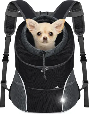 YUDODO Dog Front Carrier Backpack, Adjustable Breathable Pet Carrier for Small Dogs, Ventilated Puppy Back Pack with Safety Belt, Lightweight Doggy Backpack for Hiking Outdoor (Black, L: 9-14 lbs)