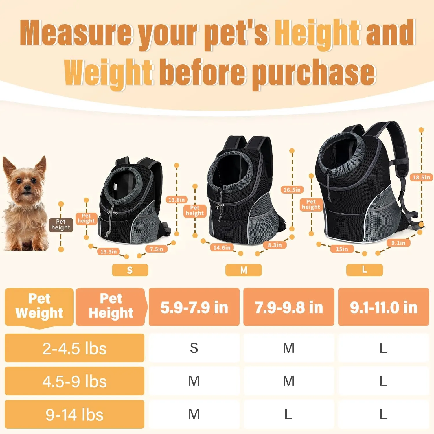YUDODO Dog Front Carrier Backpack, Adjustable Breathable Pet Carrier for Small Dogs, Ventilated Puppy Back Pack with Safety Belt, Lightweight Doggy Backpack for Hiking Outdoor (Black, L: 9-14 lbs)