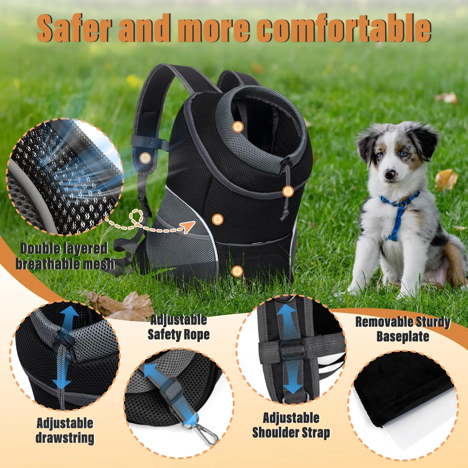 YUDODO Dog Front Carrier Backpack, Adjustable Breathable Pet Carrier for Small Dogs, Ventilated Puppy Back Pack with Safety Belt, Lightweight Doggy Backpack for Hiking Outdoor (Black, L: 9-14 lbs)