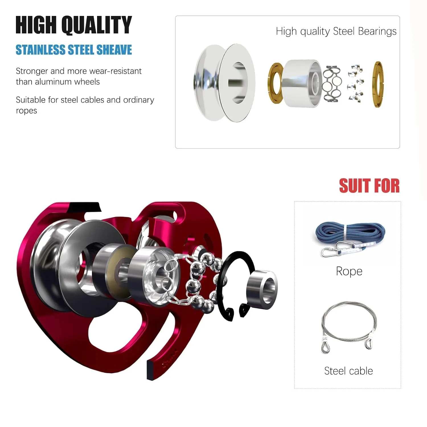 Zipline Trolley Kit with 25kN Carabiner Double Tandem Dual Pulley Speed Dual Trolley for Rock Climbing Caving Aloft Work Rescue,Red with Carabiner