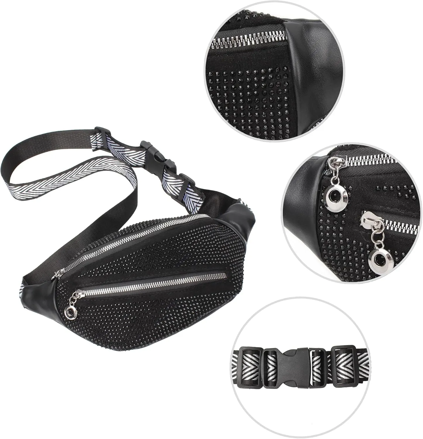 ZLM BAG US Dazzling Rhinestones Fanny Pack Slide Zip Waist Pack Chest Bag Phone Purse Wide Straps Crossbody Shoulder Bag