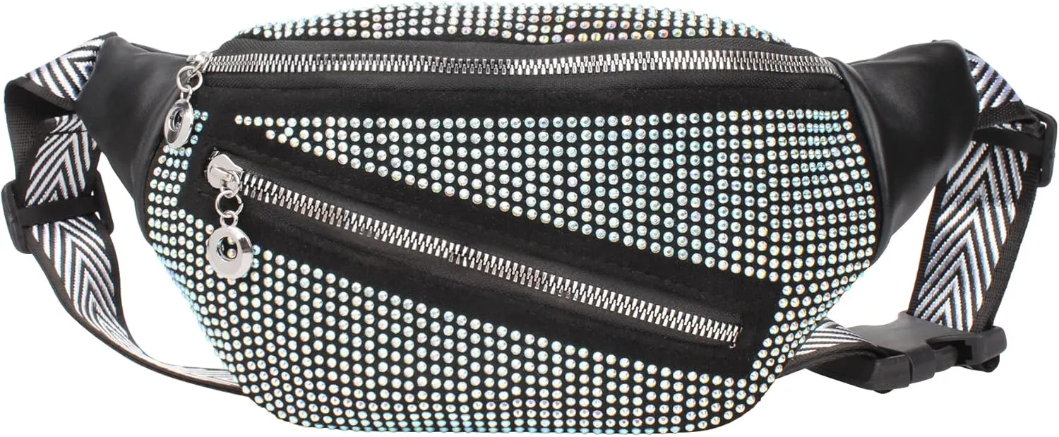 ZLM BAG US Dazzling Rhinestones Fanny Pack Slide Zip Waist Pack Chest Bag Phone Purse Wide Straps Crossbody Shoulder Bag