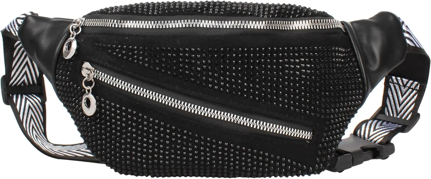 ZLM BAG US Dazzling Rhinestones Fanny Pack Slide Zip Waist Pack Chest Bag Phone Purse Wide Straps Crossbody Shoulder Bag