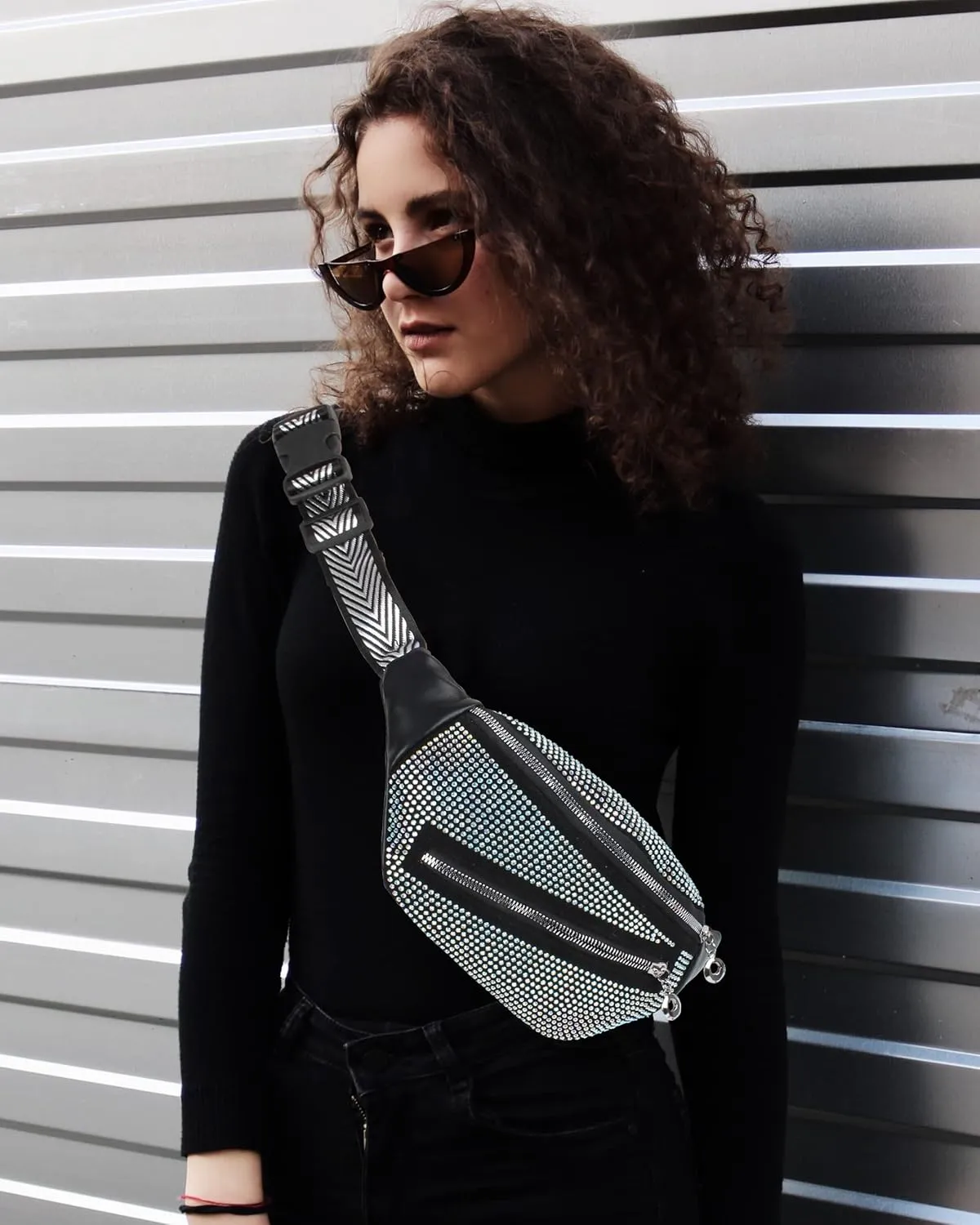 ZLM BAG US Dazzling Rhinestones Fanny Pack Slide Zip Waist Pack Chest Bag Phone Purse Wide Straps Crossbody Shoulder Bag