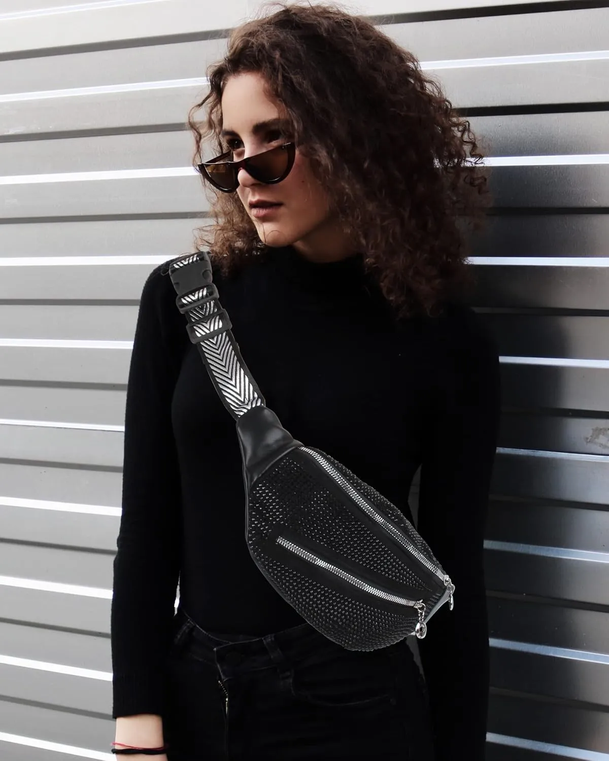 ZLM BAG US Dazzling Rhinestones Fanny Pack Slide Zip Waist Pack Chest Bag Phone Purse Wide Straps Crossbody Shoulder Bag