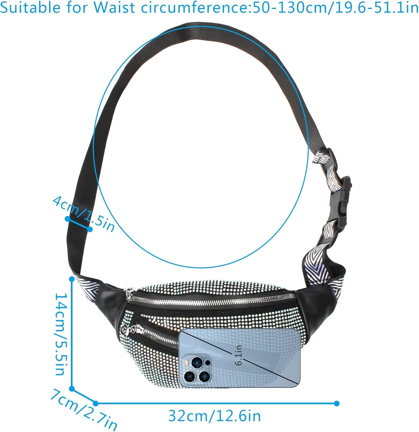ZLM BAG US Dazzling Rhinestones Fanny Pack Slide Zip Waist Pack Chest Bag Phone Purse Wide Straps Crossbody Shoulder Bag