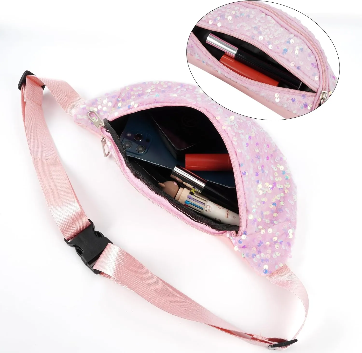 ZLM BAG US Dazzling Sequins Fanny Pack Zip Waist Pack Chest Bag Phone Purse Wide Straps Crossbody Shoulder Bag